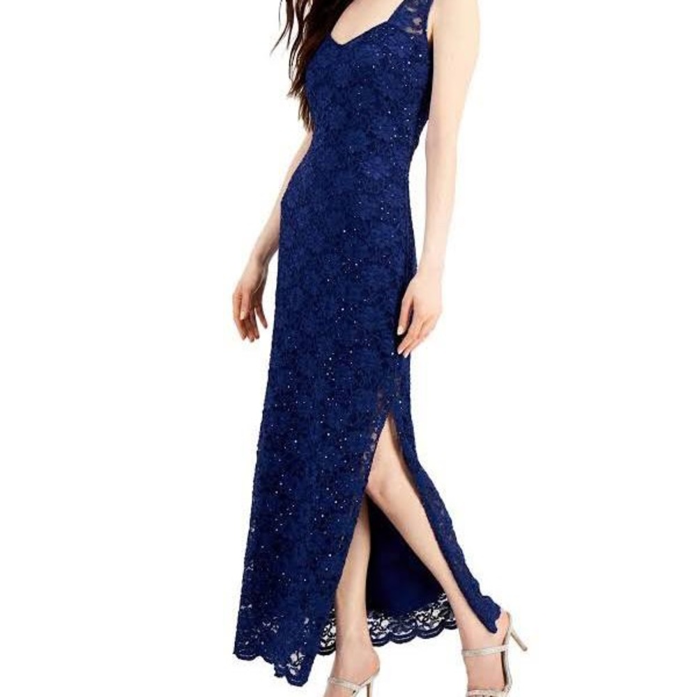 CONNECTED APPAREL Womens Navy Slit Evening Dress